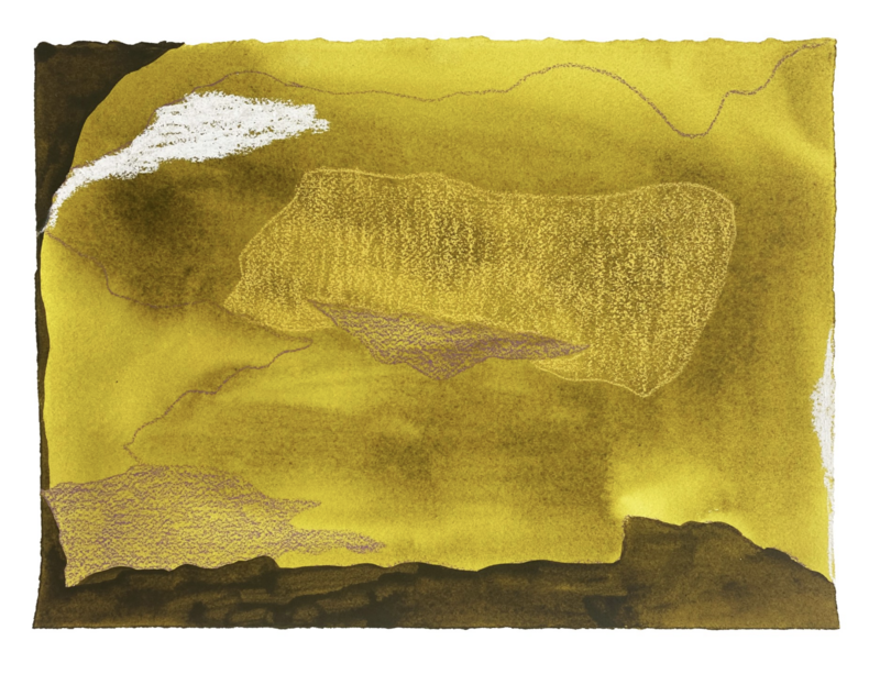 a detail shot of a work in progress that is green and brown with a white textured mark